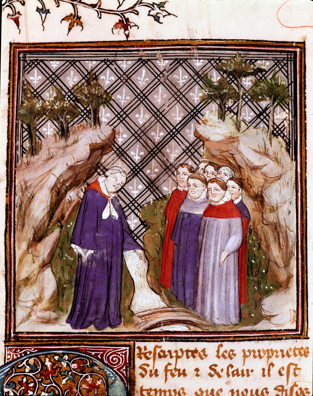 Lähteiden ja jokien ominaisuudet Miniatyyri otettu Englannin Barthelemyn "Asioiden ominaisuuksien kirjasta" (De proprietatibus rerum), kääntänyt Jean Corbichon 1400-luku. Reims, kaupunginkirjasto tekijältä French School