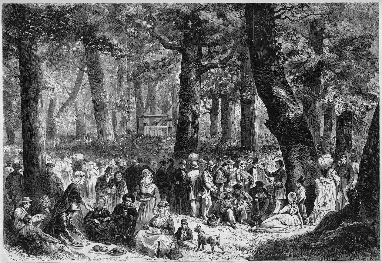 Protestanttinen tapa: "zendingsfeest" tai Missions-festivaali, joka järjestetään Hollannissa. Peleriinit syövät ennustajan puheen aikana. Kaiverrus "" Le Monde Illustré" -julkaisussa nro 853, 16. elokuuta 1873. tekijältä French School