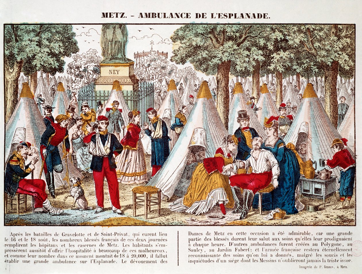 Preussin sota: esplanadille asennettu ambulanssi haavoittuneiden hoitoon vuonna 1870 Metzissä (kaiverrus) tekijältä French School