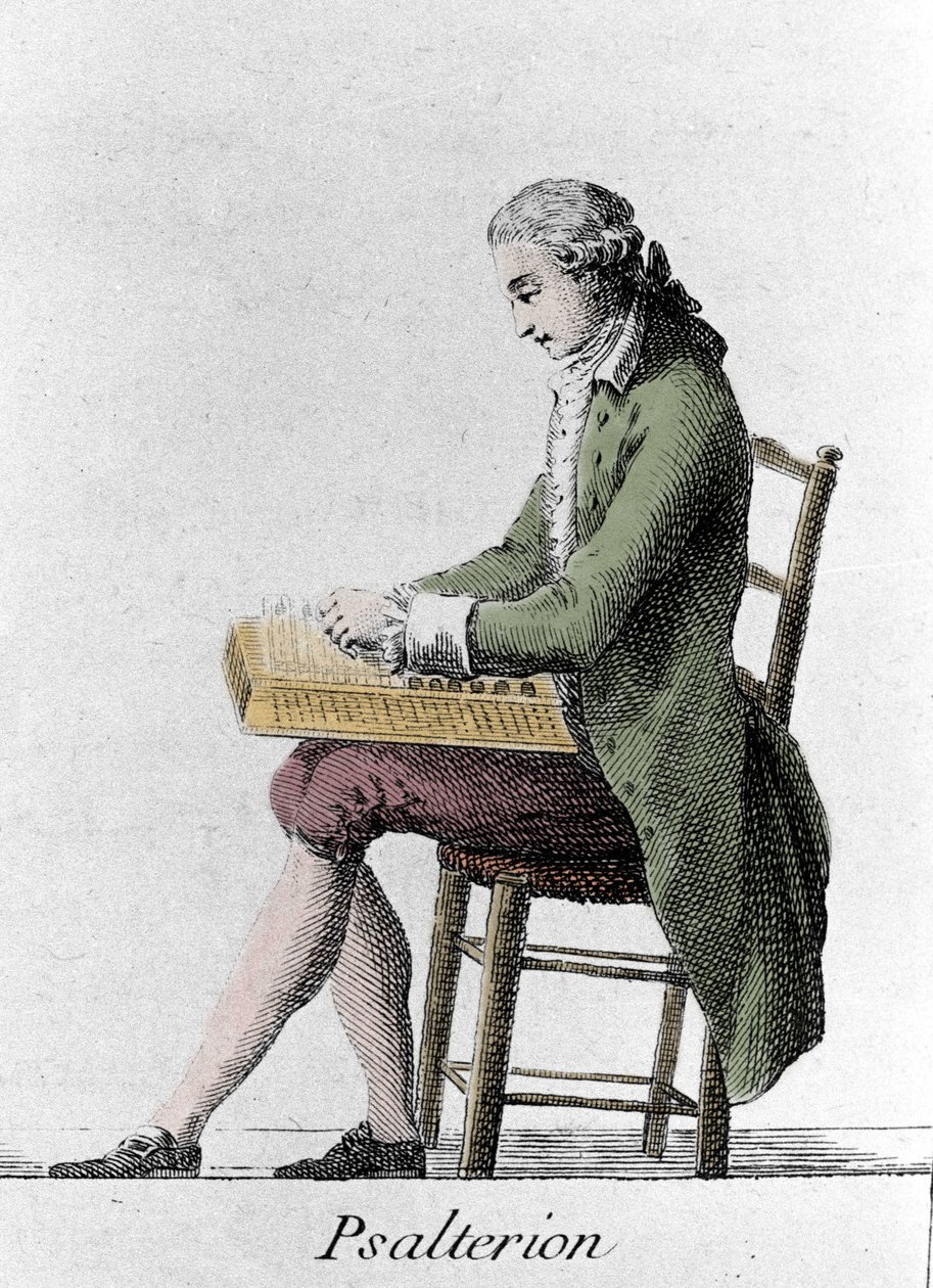 Psalterion pelaaja. Kaiverrus 1700-luvun lopulta. tekijältä French School