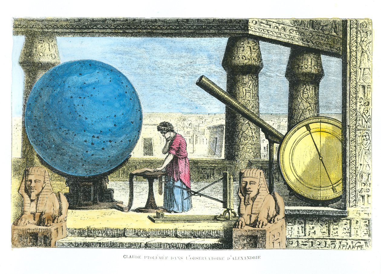 Ptolemaios (n. 90-168) (Claudius Ptolemaeus) Aleksandrian observatoriossa, Louis Figuierin La Vie des Savants Illustres -teoksesta (myöhempi väritys) tekijältä French School