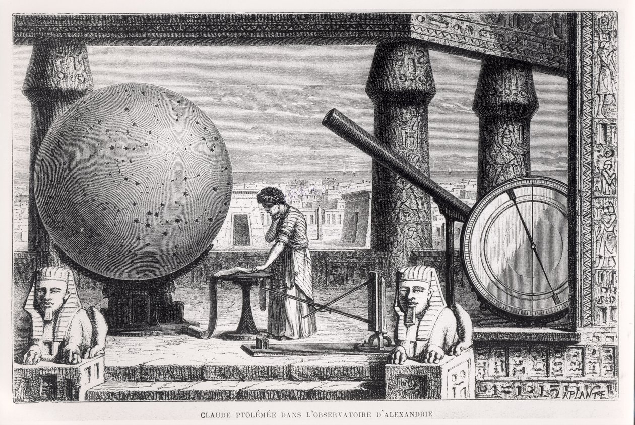 Ptolemaios (n. 90-168) (Claudius Ptolemaios) Aleksandrian observatoriossa Louis Figuierin La Vie des Savants Illustres -teoksesta tekijältä French School