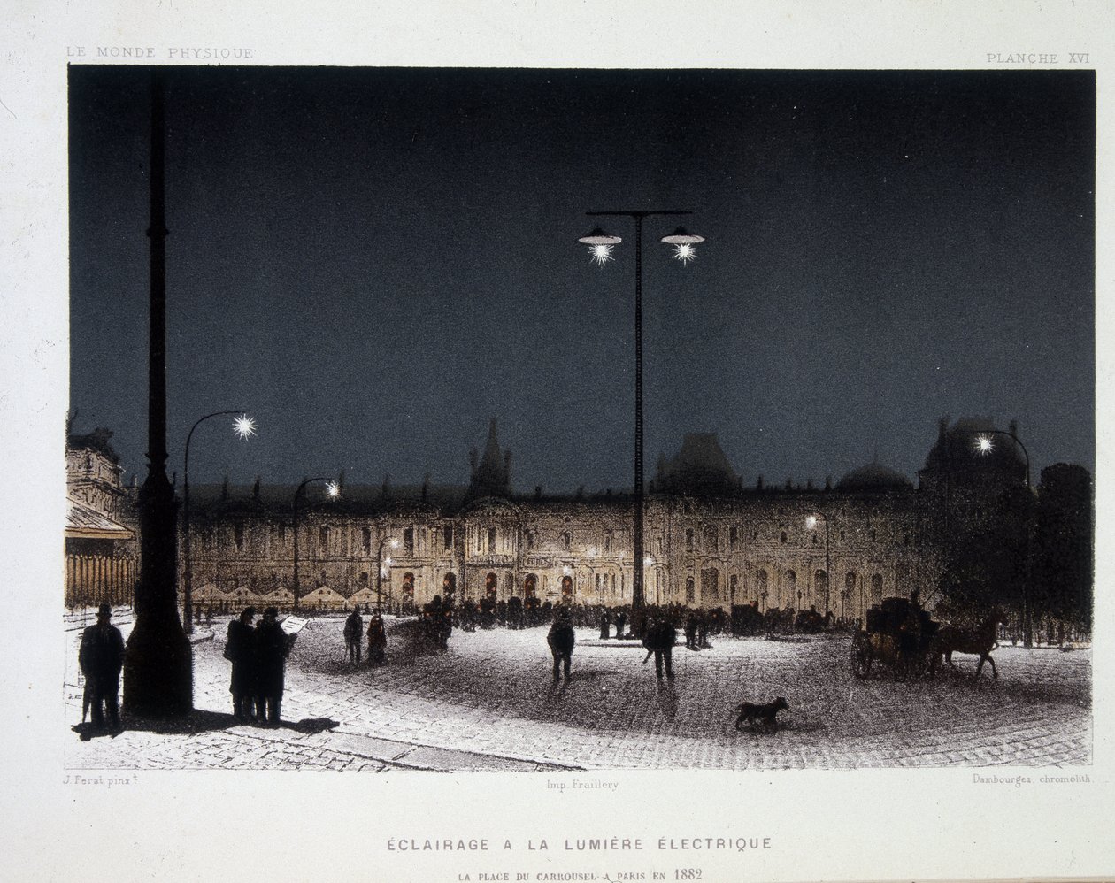 Julkinen valaistus sähkövalolla Place du Carrouselissa Pariisissa 1883 - Amedee Guilleminin teoksessa "" Magnetism and Electricite" tekijältä French School