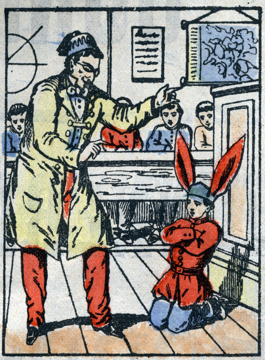 Rangaistus koulussa: Oppilasta rangaistiin aasinlakalla puhumisesta tovereidensa kanssa. Epinaalikuvaus 1800-luvun lopulta. tekijältä French School