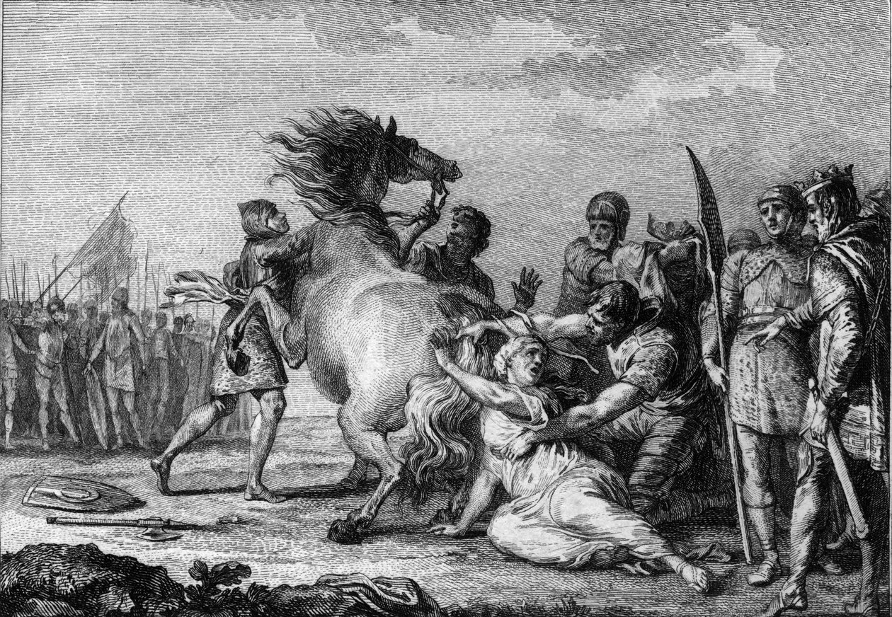 Brunehautin rangaistus, 613: Brunehaut tai Brunehilde (543-613), Austrasian kuningatar, kiinnitetään lannistumattoman hevosen häntään ennen kuin hänet raahataan maahan. Kaiverrus 1700-luvulta. tekijältä French School