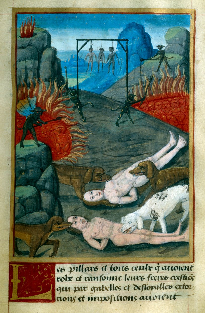 Varkaille ja ryöstäjille varattu rangaistus helvetissä: heidät hirtetään, poltetaan ja koirat syövät heidät. Pienoiskuva Jean Gersonin (1363-1429) teoksesta "Le Tresor de Sapience" 1400-luvulta Chantilly, Musee Conde. tekijältä French School