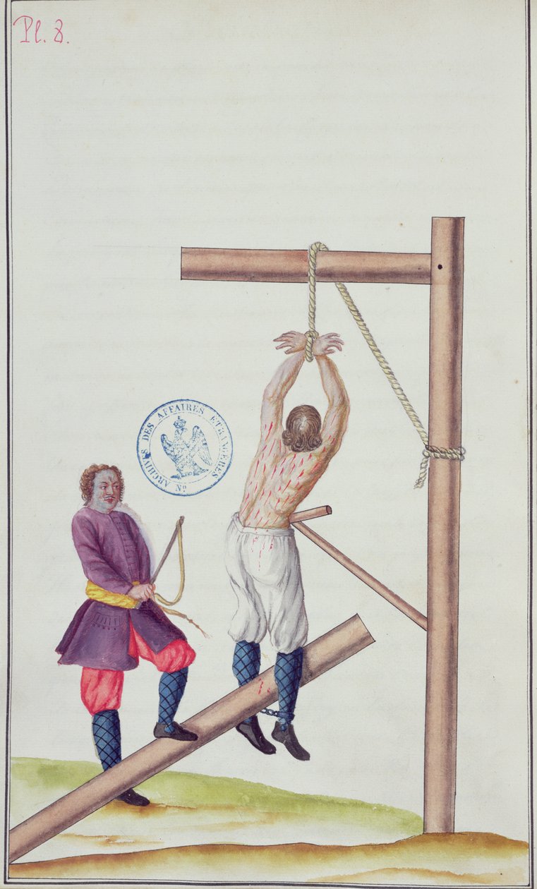 Rangaistus köydestä ripustettuna, Voyage en Russie, 1731 (kynä & muste ja wc paperilla) tekijältä French School