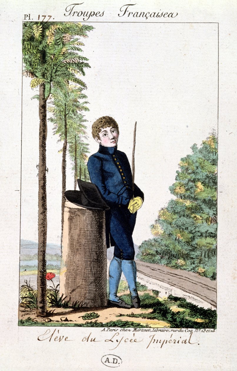 Lycee Imperialin oppilas Pariisissa nojaten puuhun, Troupes Francaisesin levy 177, n. 1805-1010 tekijältä French School
