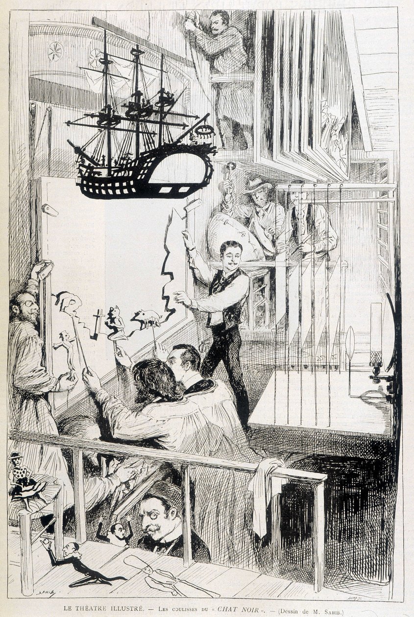 Nukkenäyttelijät Chat Noirin kulissien takana, pariisilainen kabaree - elokuvassa "Le Monde illustré" 28.1.1888. tekijältä French School