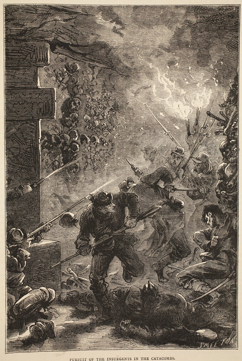 Kapinallisten takaa katakombeissa, toukokuu 1871, kuva Cassellsista Ranskan ja Saksan välisen sodan historia, 1870-1871 tekijältä French School