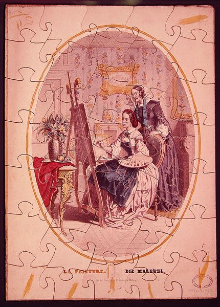 Palapelin palaset, jotka kuvaavat naista maalaamassa maalaustelineelle, n. 1840-50 (värilitho) tekijältä French School