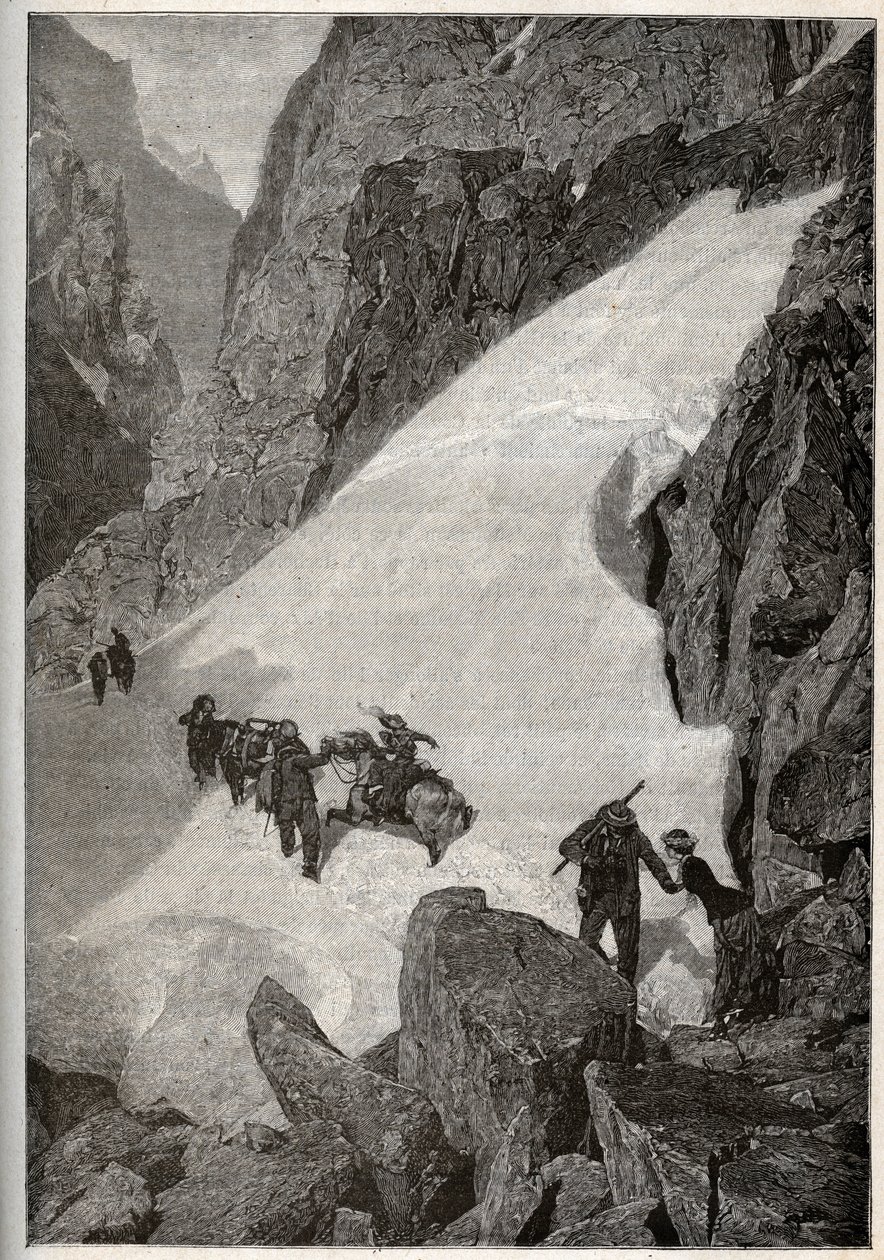 Pyreneet - Pic du Midi -joen nousu - kaiverrus sanalla "" PATRIE" - PIQUE KUVAUS RANSKASTA 6 OSASSA, LUCIEN HUARD - 1800-luvun loppu tekijältä French School
