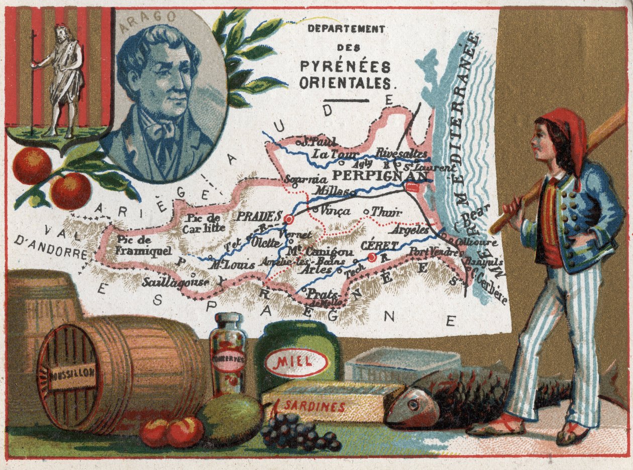 Pyrenees Orientales (66), Languedoc-Roussillon, Languedoc Roussillon, Ranska. Dominique Francois Jean Aragon (1786-1853) muotokuva. Paikallinen erikoisuus: hunaja ja sardiinit. Sarja Ranskan departementeista. Kromolitografia (Chromo) "" maantieteellinen la tekijältä French School