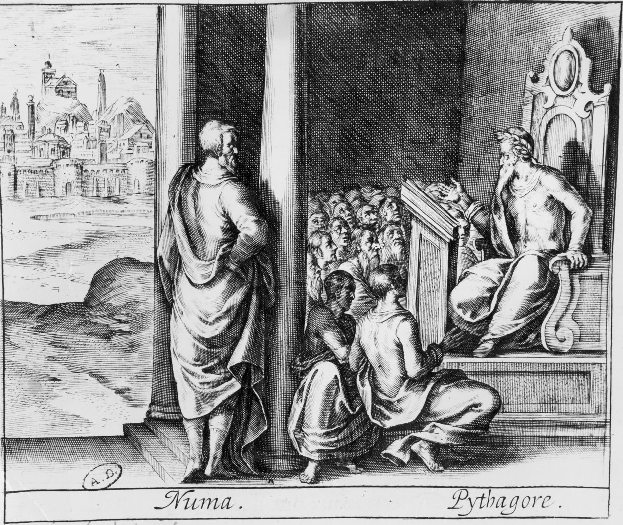 Pythagoras (n. 570-480 eKr.) opettaa oppilaiden luokkaa, kuva Ovidiuksen Metamorfoosista tekijältä French School