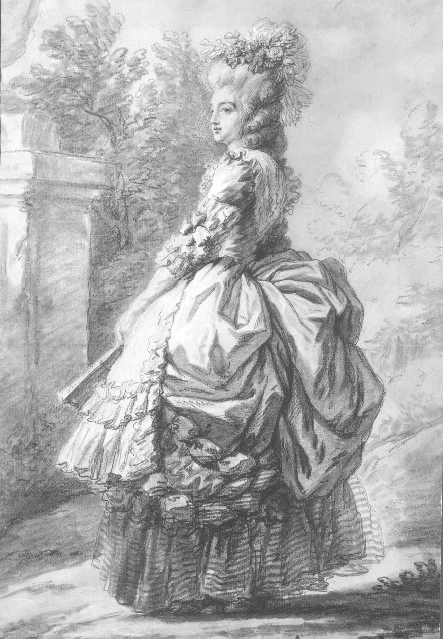 Kuningatar Marie-Antoinette (1755-93) kävelee puutarhassa, 1780 (kynä & muste pesu ja liitu paperille) tekijältä French School