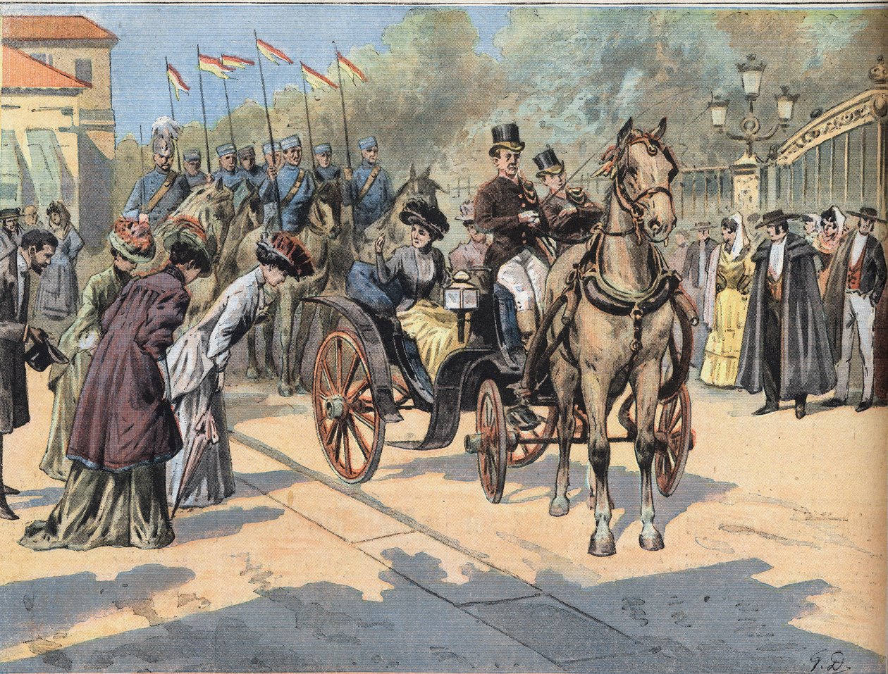 Kuningatar Marie Christine de Teschen (1858-1929) tervehtii Pariisin marssien kuningattaret "Le Petit Parisien" -sanomalehdestä " tekijältä French School