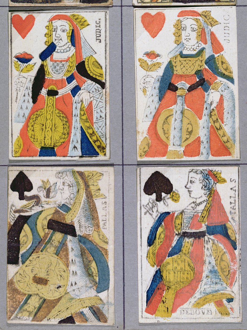 Patakuningatar ja Sydänkuningatar Pelikortit, 1600-1700 (värillinen puukaiverrus) tekijältä French School