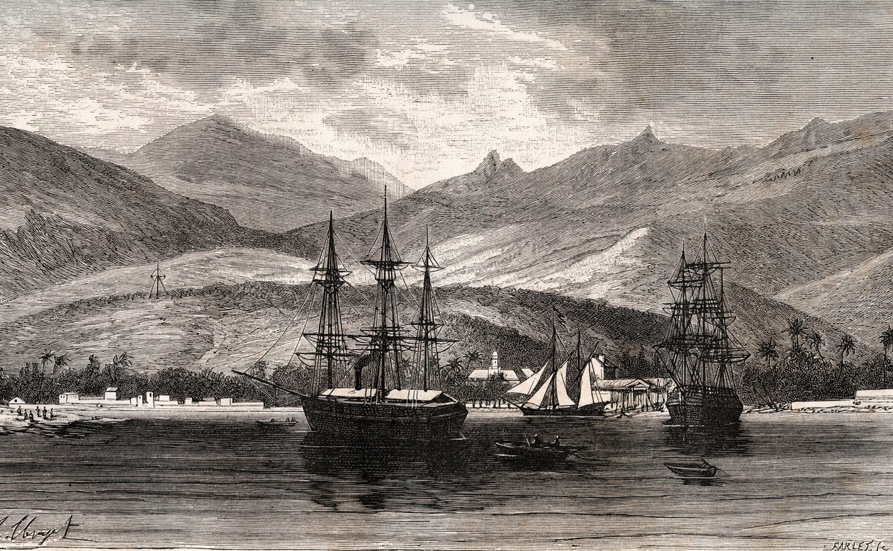 Rade de Taiti - Tahiti - kaiverrus V.A. Malt-Brownin kirjaan "La France illustrée: maantiede, historia, tilastohallinto". 1884 tekijältä French School