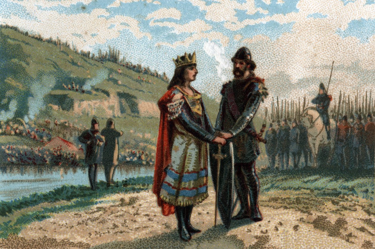 Rainfroy (Rainfroi) Neutrian palatsiliitto frisonien ja saksien kanssa taistellakseen Austrasiaa vastaan. Kromolitografia noin 1890. tekijältä French School