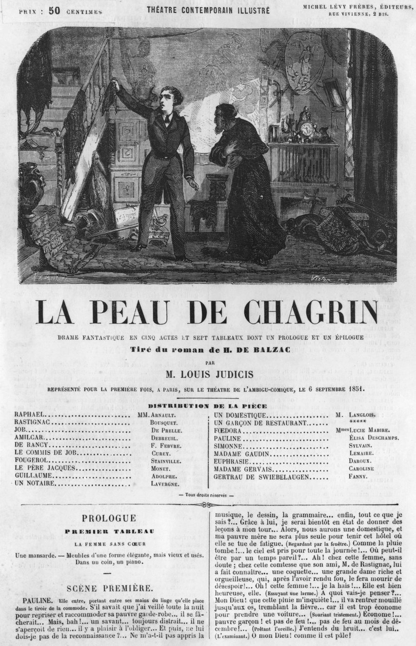 Raphael de Valentin ja kauppias, kuvitus Honore de Balzacin (1799-1850) romaanista "La Peau de Chagrin" (suomennettu draama). tekijältä French School