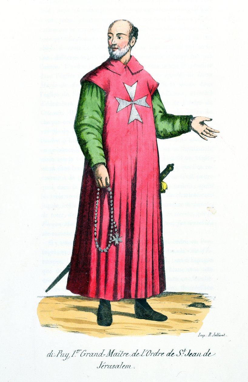 Raymond de Puy (1120-5860) Pyhän Johanneksen Jerusalemin ritarikunnan ensimmäinen suurmestari, kuva Isä Helyotin luostarikunnan historiasta ja puvuista, 1842 tekijältä French School