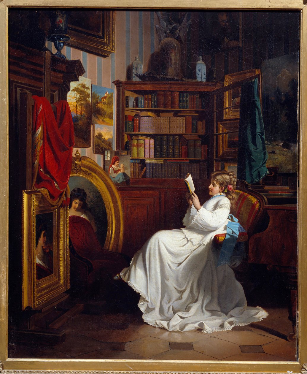 Lukee tyttöä lukemassa kirjaa toimistossa. Ranskalaisen koulun maalaus. 1800-luvun yksityinen kokoelma tekijältä French School