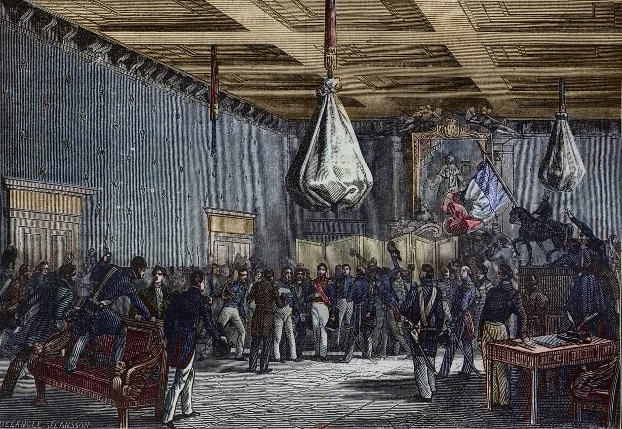 Lukee edustajainhuoneen puheen Hotel de Villessä, Pariisissa 31. heinäkuuta 1830 - Louis-Philippe (1773-1850), Ranskan kuningas (1830-48); edustajainhuone julisti kuninkaaksi ja tarjosi valtaistuimen vastineeksi valtuuksien rajoittamisesta; seurata tekijältä French School