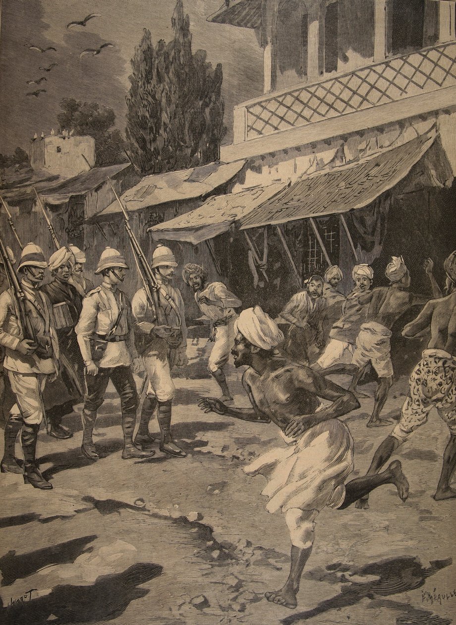 Kapina Bombayssa, kuvitus Le Petit Journalista: Supplement illustre, 1898 tekijältä French School