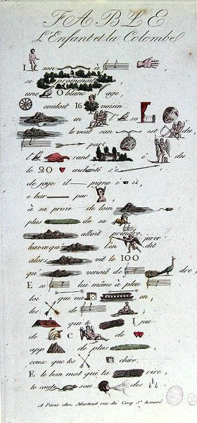 Rebus, joka kuvaa Satua Lapsesta ja Kyyhkystä, 1800-luvun alku (värikaiverrus) tekijältä French School