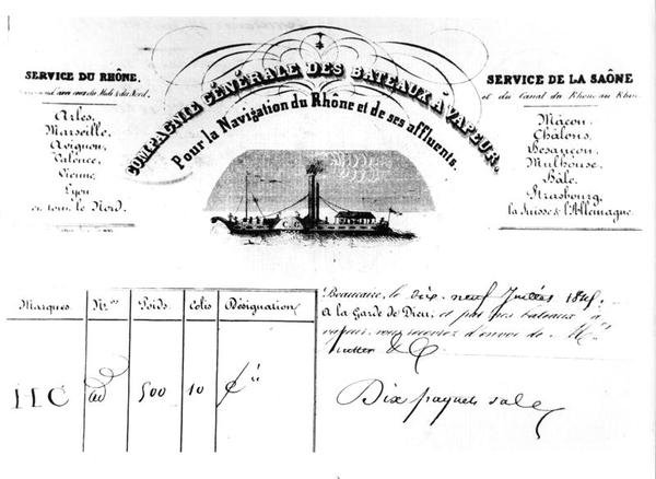 Compagnie Generale des Bateaux Vapeur Pour la Navigation du Rhônen ja sen sivujokien kuitti tavaroista tekijältä French School