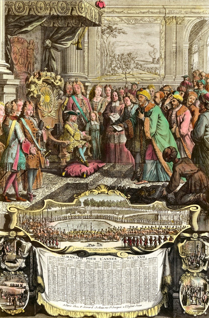 Ludvig XV vastaanottaa Mehemet Effendin, suuren sulttaani Achmetin turkkilaisen suurlähettilään 21. maaliskuuta 1721 Tuilerioissa. Kaiverrus 1700-luvulta. Yksityiskokoelma. tekijältä French School