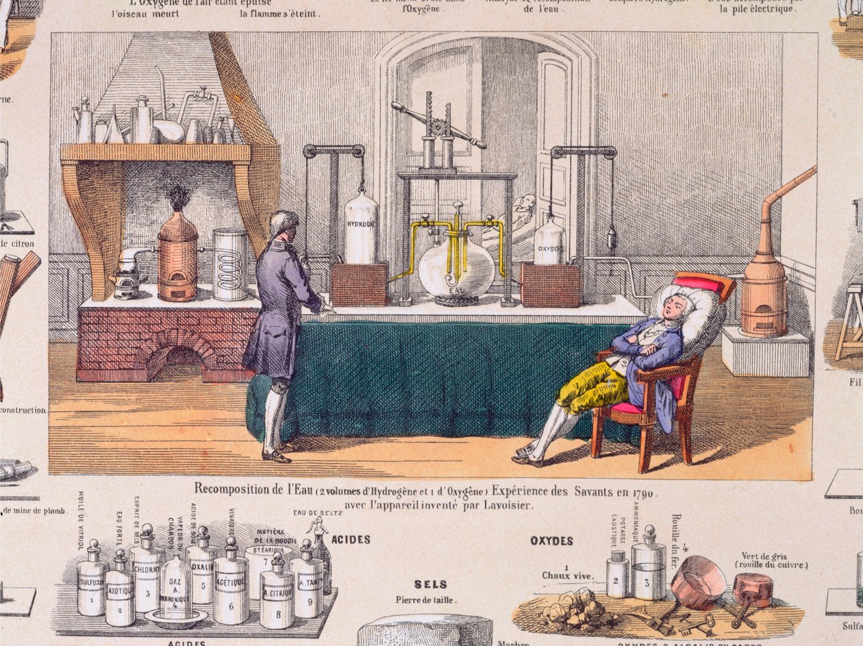 Veden uudelleenmuodostaminen vedystä ja hapesta: Antoine Laurent de Lavoisier (1743-94) kokeilee lepäävän miehen hengitystä, kuva opetuslevyltä, n. 1860 (värikaiverrus) tekijältä French School