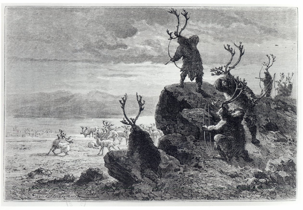 Poronmetsästys kivikaudella, kuvitus LHomme Primitifistä, Louis Figuier (1819-94), julkaissut Hachette, 1870 tekijältä French School