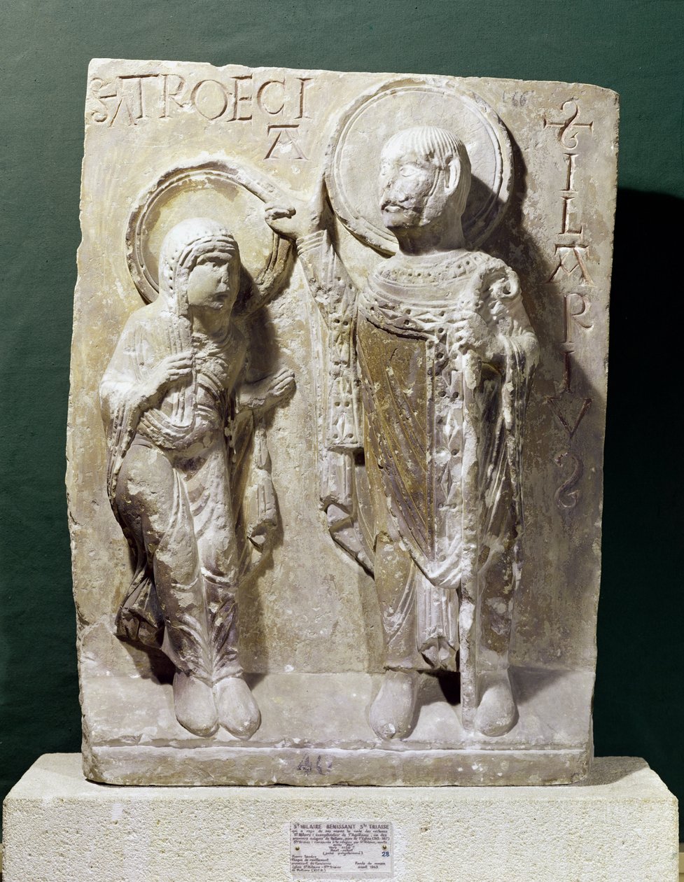 Reliefi, joka kuvaa Pyhän Hilary Poitiersin (320-368) siunausta St. Triaisea, noin 1150 tekijältä French School