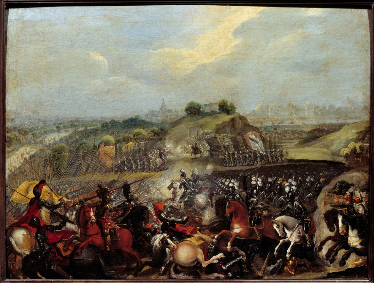 Uskonnolliset sodat: "" Henrik IV Ivryn taistelussa 14.3.1590" Ivryn taistelussa 14.3.1590 kuninkaallinen armeija voitti katolisen liiton. Maximilian of Bethune, Sullyn herttua, kuninkaan ministeri, loukkaantui siellä. Frensien maalaus tekijältä French School