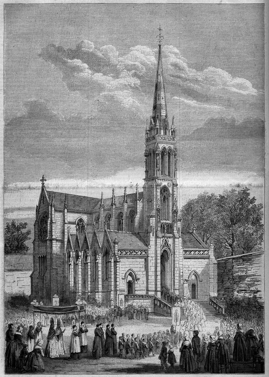 Uskonnollinen arkkitehtuuri: yleiskuva Monfort le Retroun kirkosta (nykyään Montfort le Gesnois in the Sarthe (72), vihkimispäivänä vuonna 1858. Hra Moulinin luonnoksesta. Kaiverrus "" Le Monde Illustré" -kirjaan" n °77, 2. lokakuuta 1858. tekijältä French School