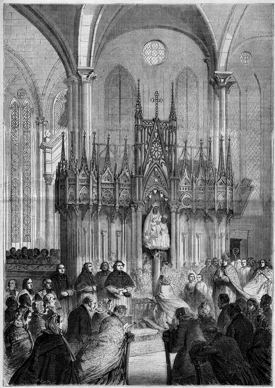 Uskonnollinen taide: Notre Dame du Pillar -patsas tai "" Virgo Noire"" (noin 1540) Chartresin katedraalissa (Eure et Loire, 28) vuonna 1858. Kaiverrus "" Le Monde Illustré" -julkaisussa nro 89 25. joulukuuta 1858. tekijältä French School