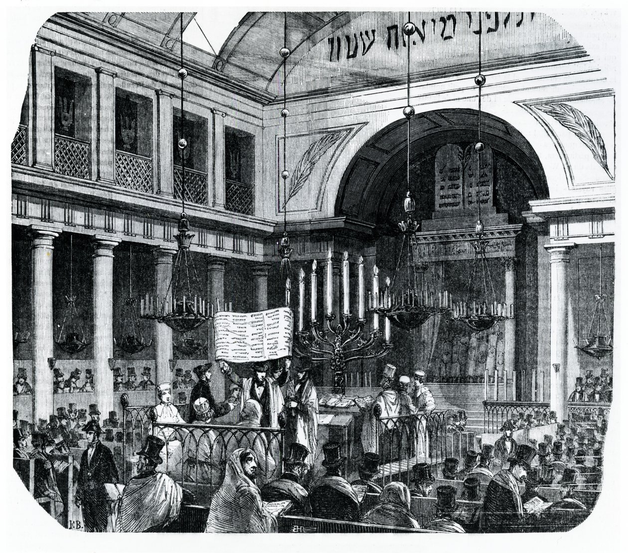 Uskonnollinen seremonia vanhassa Pariisin synagogassa Rosh Hashanalle, kuvitus Le Tableau de Parisista, Edmond Texier, julkaistu Pariisissa, 1852 tekijältä French School