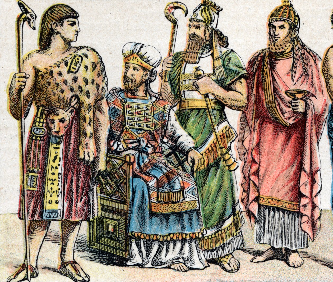 Uskonnolliset puvut antiikin aikakaudella: g a d:sta muotokuva egyptiläisestä ylipapista, heprealaisesta ylipapista, Assyrian kuninkaasta virkavaatteissa ja foinikialaispapilta - Kaiverrus - Uskonnolliset puvut muinaisina aikoina: vasemmalta oikealle, e:n  tekijältä French School