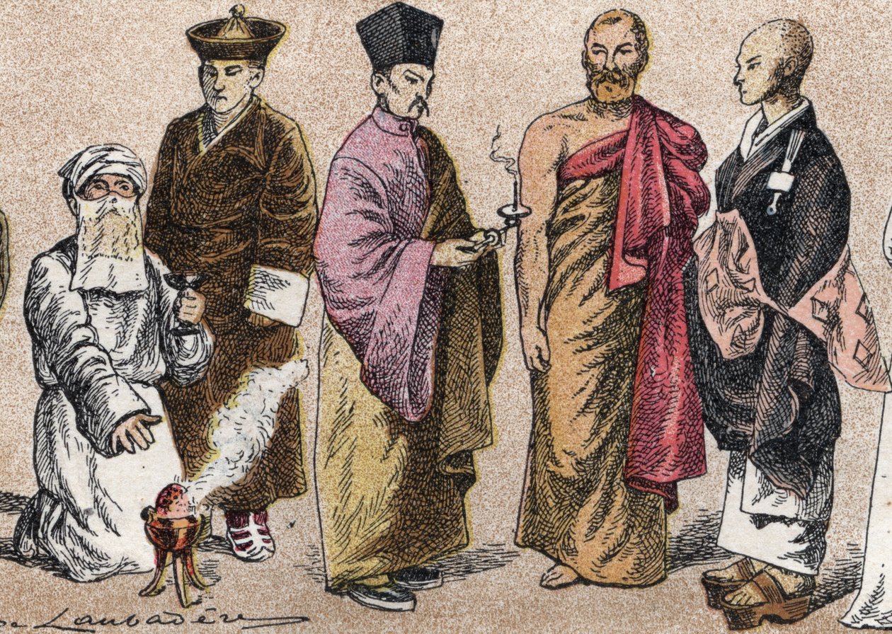 Trajes religiosos da Ásia: de g a d retrato de um padre Parsi (parse ou seguidor do parsismo), Lama (mestre espiritual tibetano), padre budista chinês, bonze do Ceilão e padre budista japonês - Gravura - Trajes religiosos na Ásia: da esquerda para o rigfin tekijältä French School
