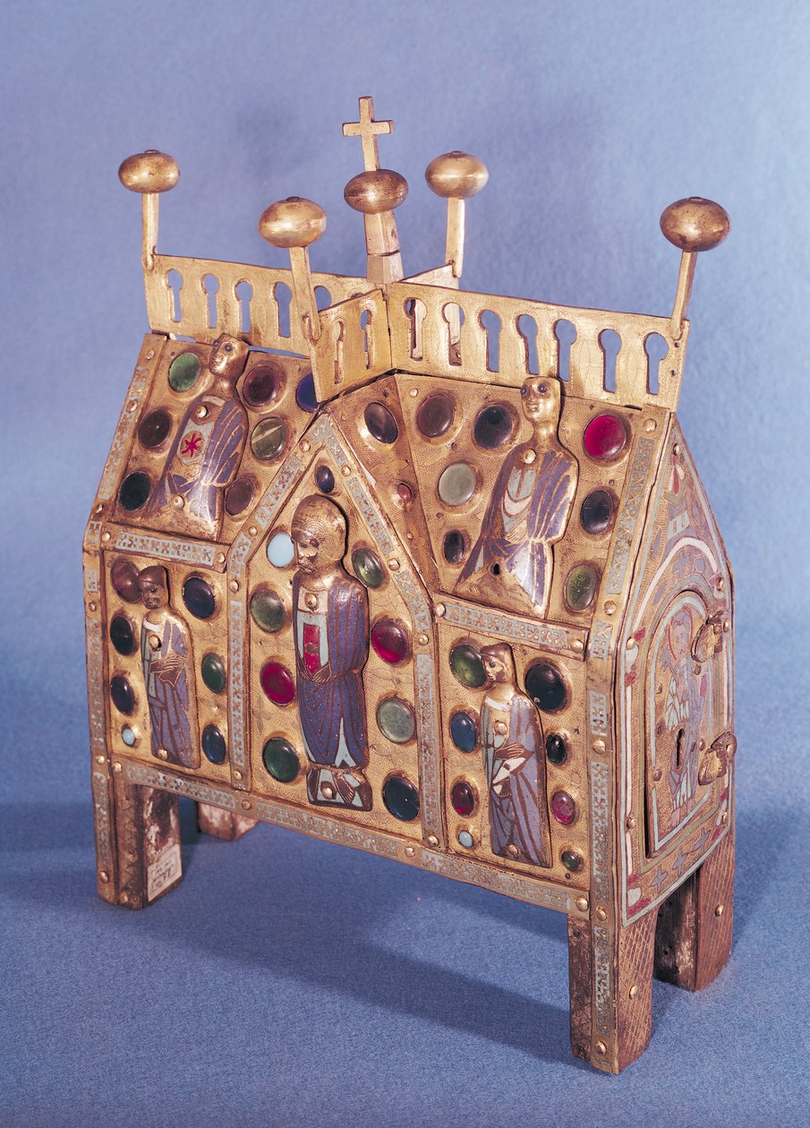 Reliquary arkku talon muodossa, Limousin (emali ja kupari) tekijältä French School