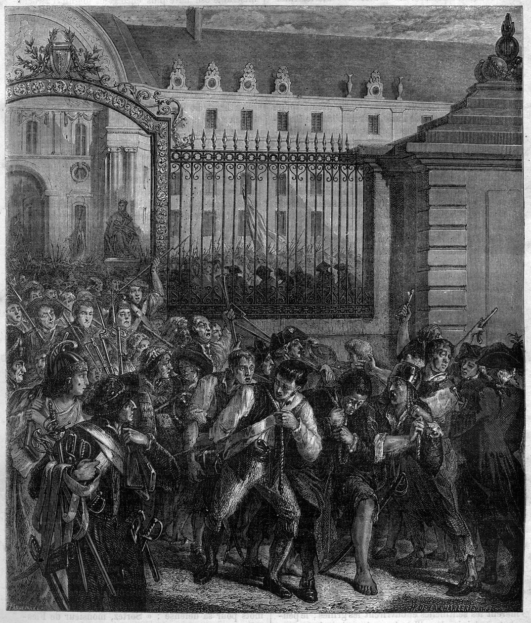 Aseiden poistaminen invalideilta "despotismia vastaan, kapina on pyhin oikeuksista ja pyhin velvollisuuksista". Maurice Lachatren kaiverrus "Histoire des Papes-Rois-Queen and Empereurs a travers les centuries" tekijältä French School
