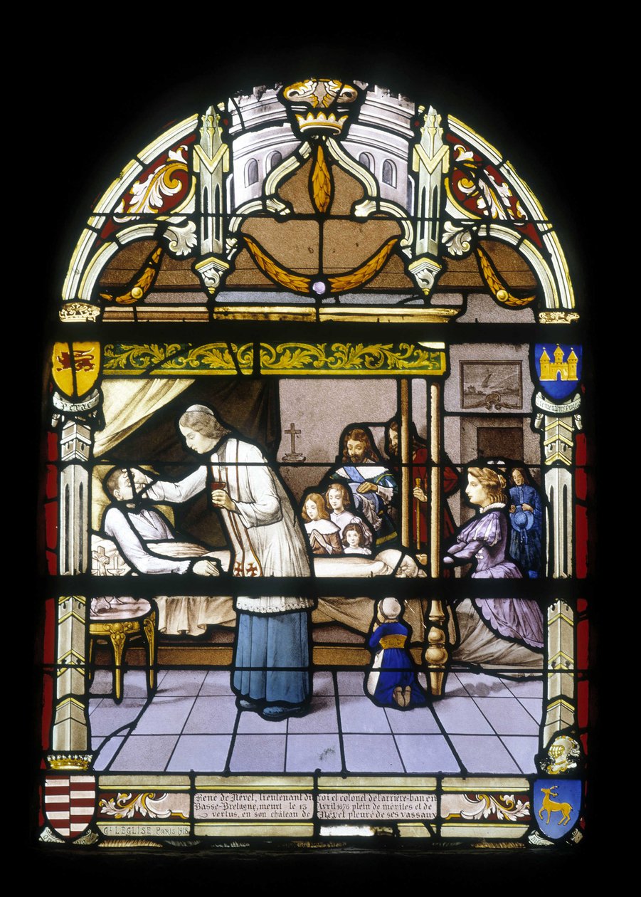 René de Neval, kuninkaan luutnantti ja takapenkin eversti Ala-Bretagnessa, kuoli 13.4.1676 täynnä ansioita ja hyveitä Nevalin linnassaan vasalliensa huutamana - St Germainin kirkon lasimaalaukset v. Kerlaz tekijältä French School