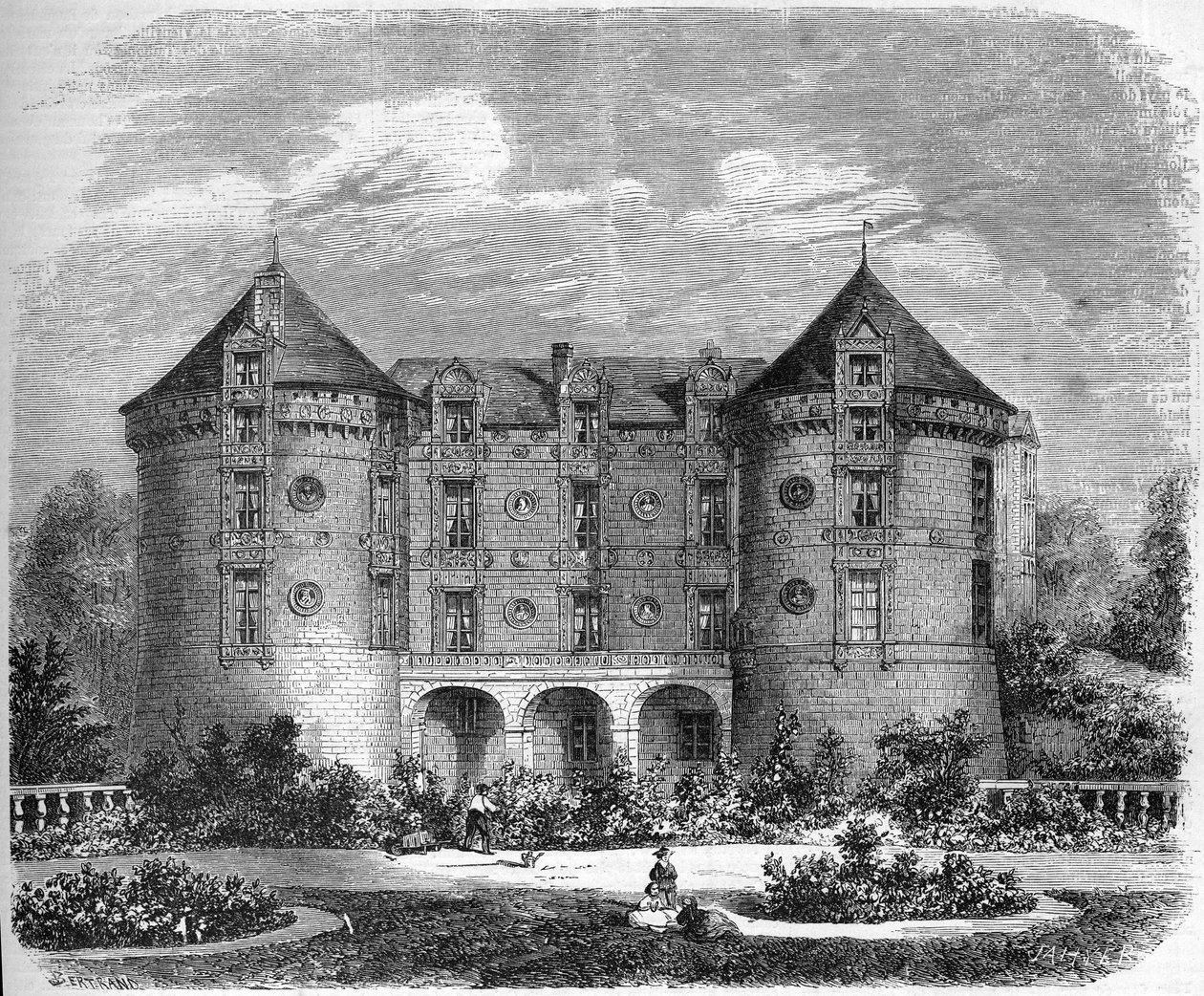 Renessanssiarkkitehtuuri - Loiren linnat: näkymä Chateau du Luden julkisivusta 1857. Le Lude, Sarthe (72). Kaiverrus "" Le Monde Illustré" -julkaisussa nro 28, 24. lokakuuta tekijältä French School