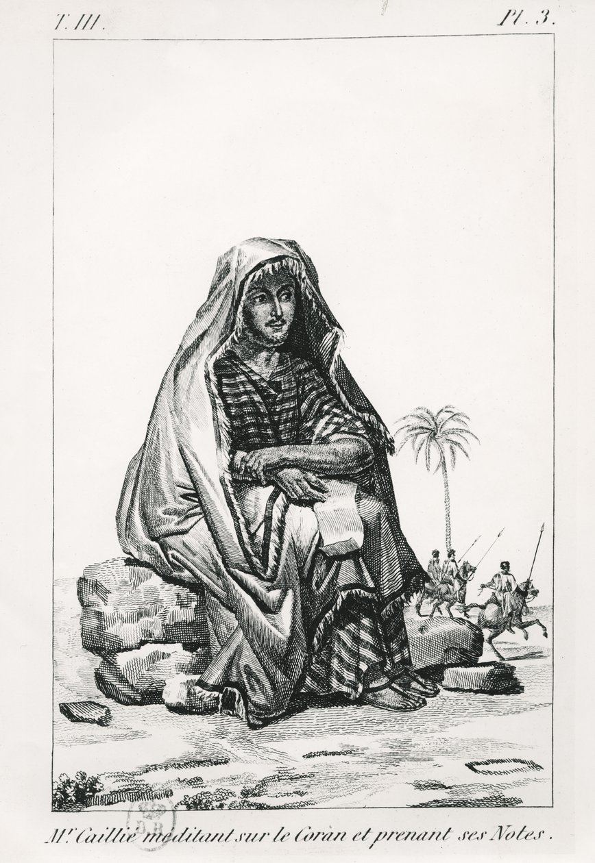 Rene Caille pohtii Koraania ja tekee muistiinpanoja Rene Caillien (1799-1838) julkaisusta Journal dun voyage a Tombouctou, 1830 tekijältä French School