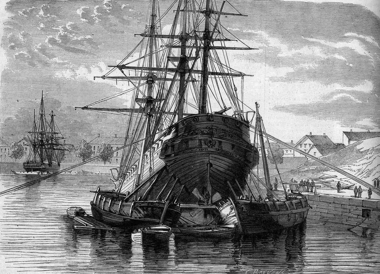 Laivan (höyrylaiva "Vera Cruz") korjaus: nostamme sen takaosan, jotta löydetään heliksi. 1863. Kaiverrus "" Le Monde Illustré" -julkaisussa nro 320, 30. toukokuuta 1863. tekijältä French School