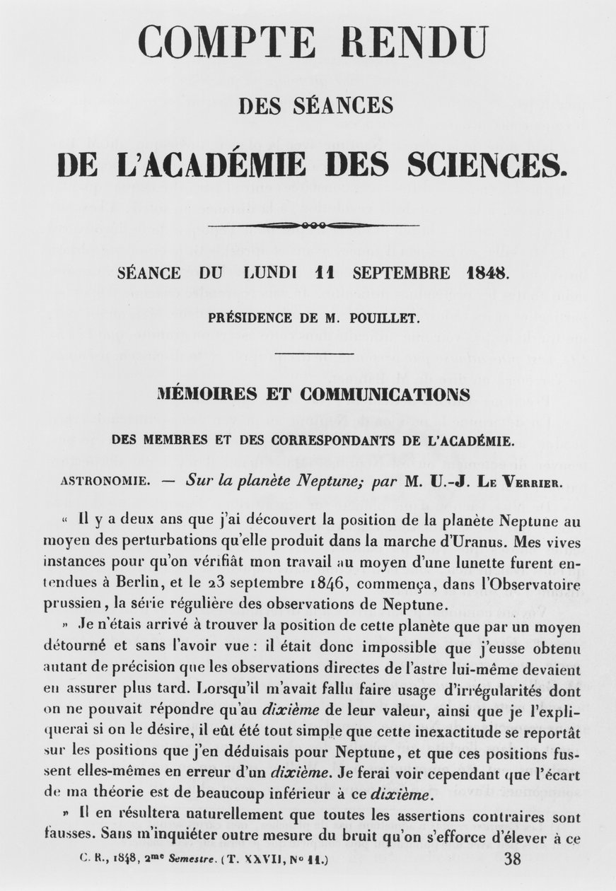Jean Joseph Le Verrierin (1811-77) raportti Academie des Sciencesin istunnoista Neptunus-planeetalla, 11. syyskuuta 1848 tekijältä French School