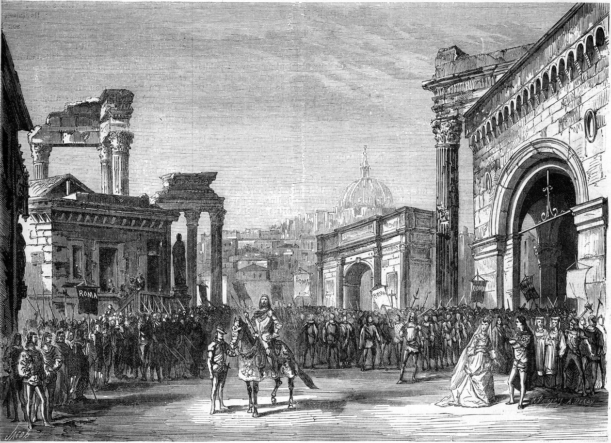 Oopperan esitys: Richard Wagnerin (1813-1883) "Rienzi". Kohtaus näytöksestä III (foorumi). Pariisi, Lyric Theatre tekijältä French School