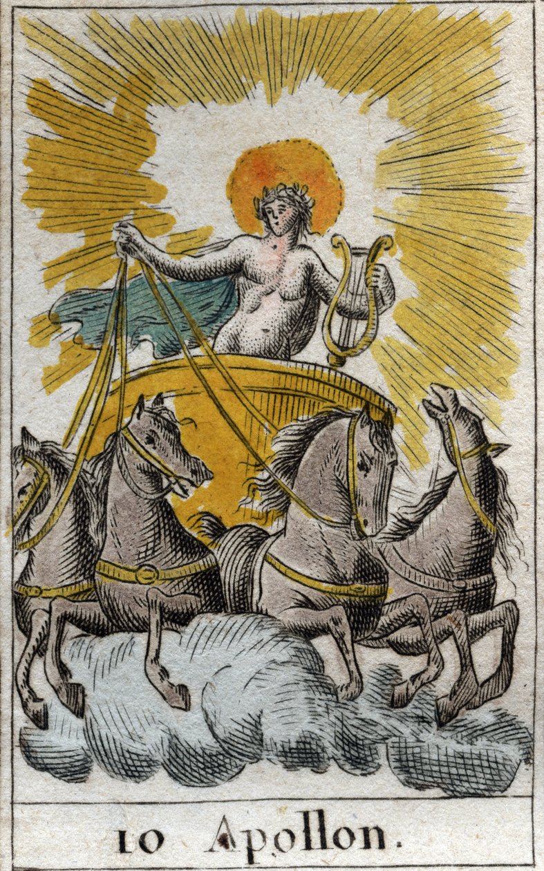 Laulun, musiikin ja runouden jumalan Apollon esitys hänen vaunuissaan (Apollo, valon, musiikin, runouden jumala). Pierre Blanchardin "Nuoruuden mytologiasta" vuodelta 1803. tekijältä French School