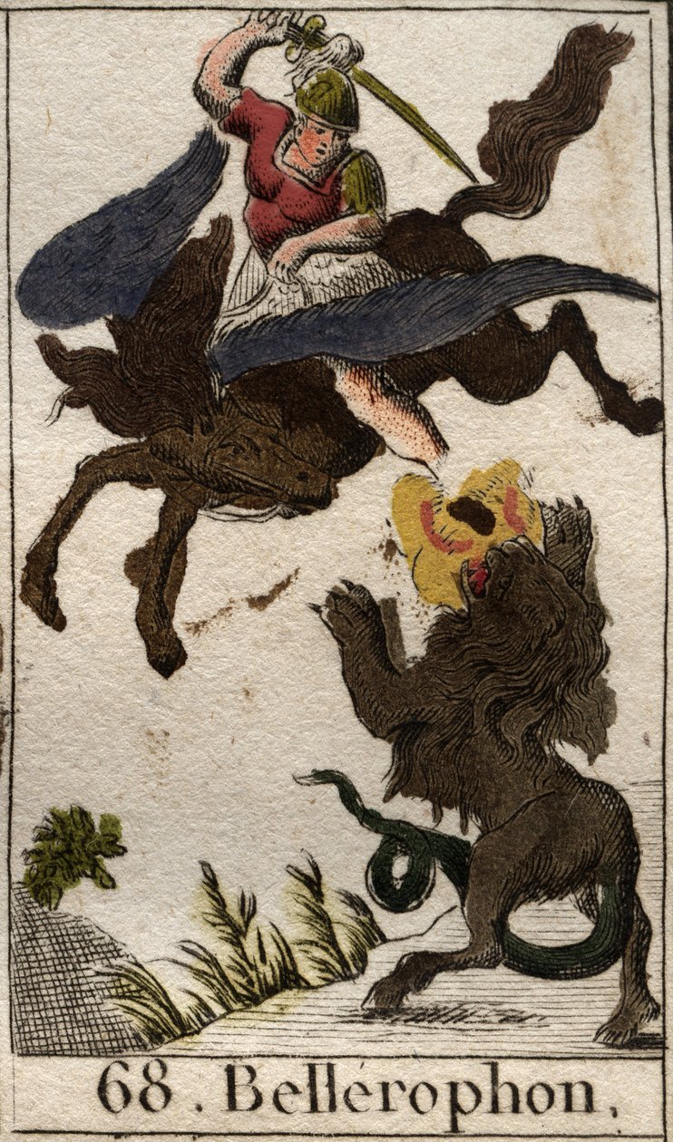 Esitys Bellerophonista, ratsastaa Pegasella, tappaa kimeeriä (Bellerophonin esitys Pegasuksella, keihään keihäs). Pierre Blanchardin "Nuoruuden mytologiasta" vuodelta 1803. tekijältä French School
